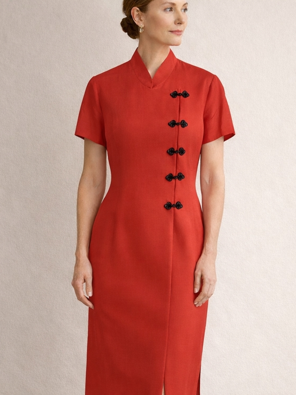 J. Peterman Red Silk Mandarin Collar Frog Closure Midi Dress Size 12